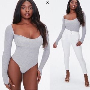 NWT Forever21 PLUS Grey Sweater Square Neck Long Sleeve Bodysuit